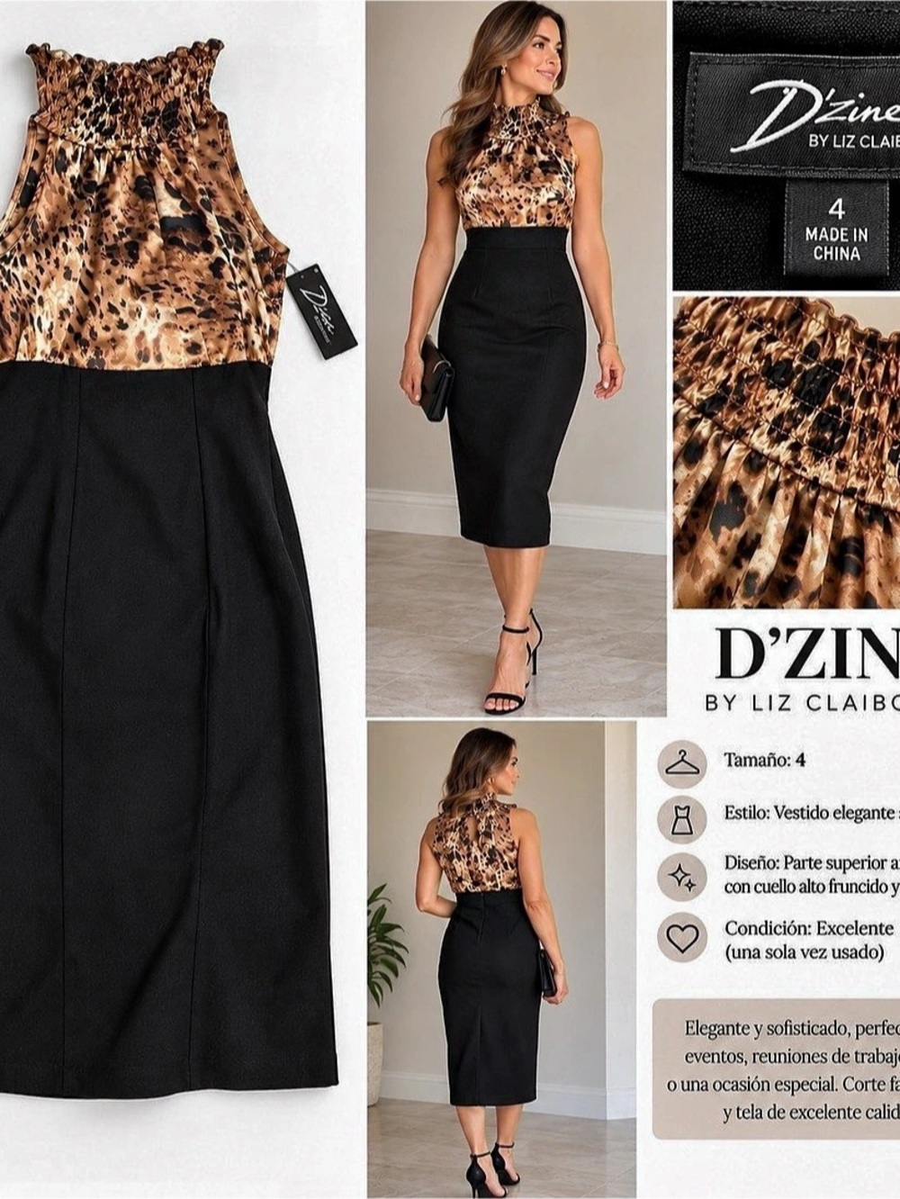 Liz Claiborne Animal Print Midi Dress in Black & Brown Size Small NWT